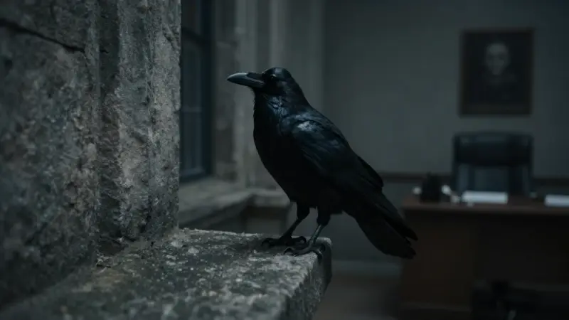 Cuervo negro posado en el alféizar de una ventana en un ambiente interior tenue, posiblemente un consultorio de psicólogo.