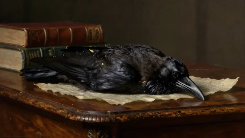 Cuervo muerto tendido sobre un escritorio antiguo de madera en una atmósfera melancólica y tenuemente iluminada.