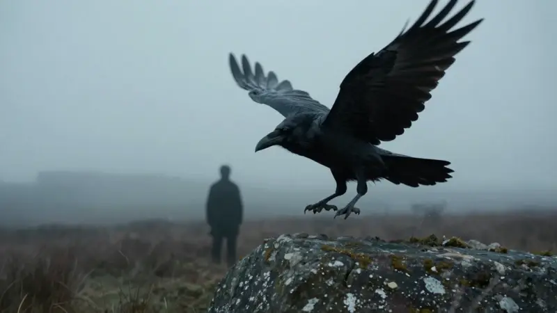 Cuervo negro atacando a una silueta humana en un páramo brumoso bajo un cielo encapotado.