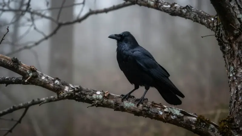 Cuervo negro posado en una rama de roble nudosa, con un bosque brumoso de fondo. Ambiente melancólico e iluminación suave.