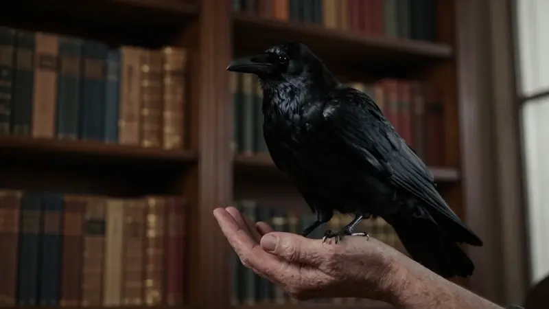 Mano sosteniendo un cuervo negro brillante en un estudio tenuemente iluminado con estanterías llenas de libros antiguos.
