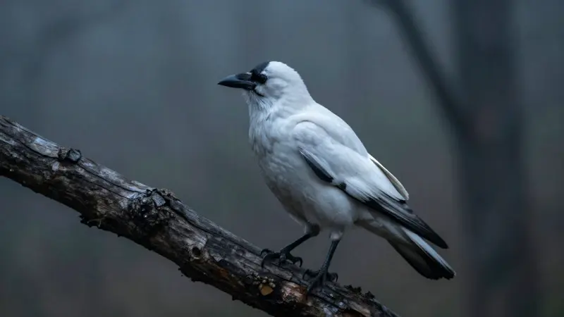 Cuervo blanco posado en una rama de roble oscura y desgastada, con un bosque brumoso al fondo en tonos azules y grises.