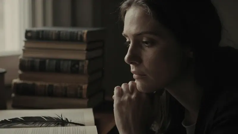 Mujer pensativa en un estudio antiguo con libros, posiblemente investigando el simbolismo de los cuervos en los sueños. Un ambiente melancólico y de estudio, con una pluma de cuervo sobre un libro abierto.