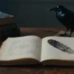 Escritorio antiguo con un diario abierto mostrando el boceto de un cuervo y una pluma negra. Ambiente de estudio tenuemente iluminado y con libros sobre análisis de sueños.