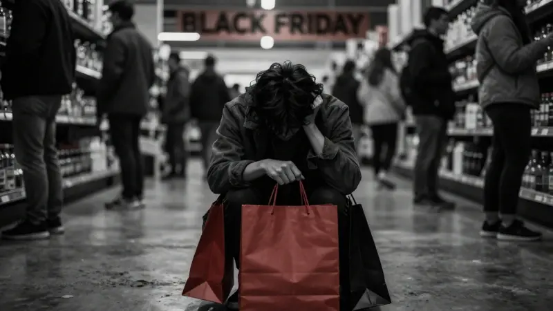 Silueta de comprador abrumado en una tienda departamental tenuemente iluminada durante el Black Friday, con multitudes borrosas y un ambiente de estrés y consumismo.