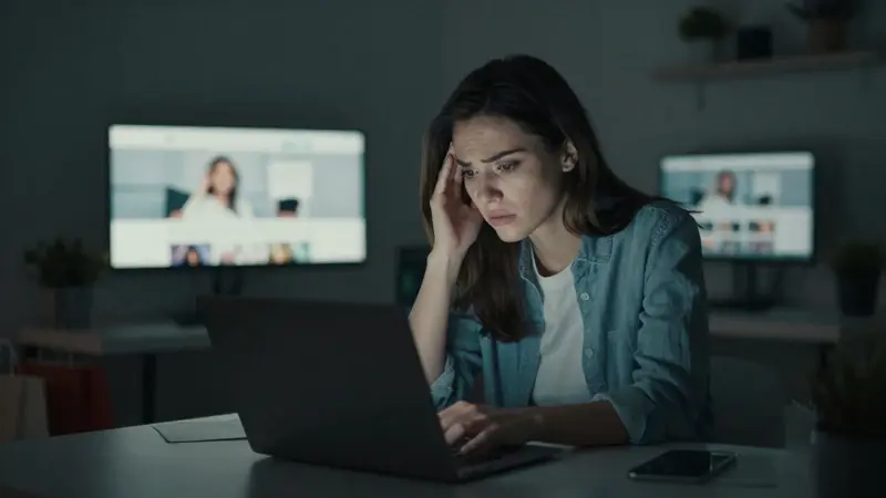 Mujer abrumada mirando fijamente la pantalla de su portátil en un hogar moderno tenuemente iluminado, con un caótico fondo de interfaces de compras online.
