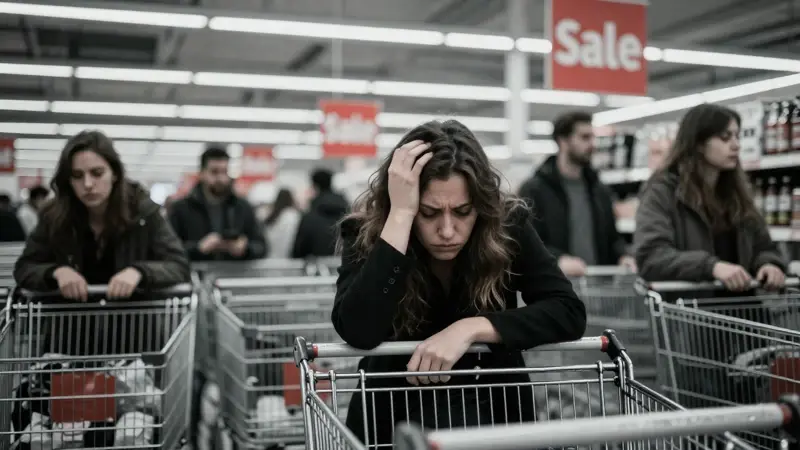 Comprador abrumado en una tienda departamental durante el Black Friday, rodeado de una multitud y carritos de compra llenos. Ambiente claustrofóbico y tenue, resaltando ofertas en rojo.