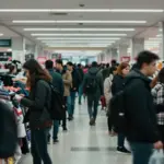 Multitud aglomerada en un centro comercial durante las rebajas del Black Friday, con movimiento borroso y ambiente tenso.