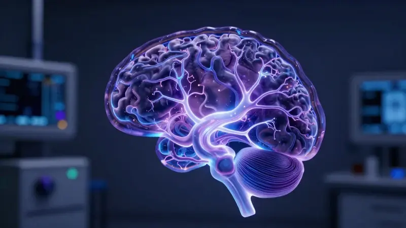 Escaneo cerebral detallado mostrando actividad neuronal en un entorno de quirófano oscuro con equipo médico sofisticado.