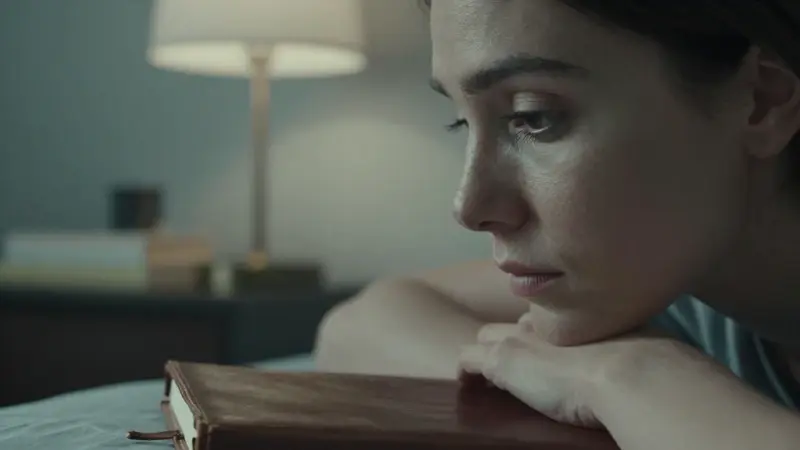 Mujer pensativa junto a una lámpara de noche, con un diario de sueños abierto cerca. Ambiente íntimo y relajado en un dormitorio minimalista.