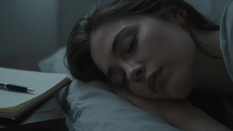 Mujer durmiendo con los ojos cerrados, movimiento rápido de los ojos durante el sueño REM, en un dormitorio tenuemente iluminado con un diario y bolígrafo sobre la mesita de noche.