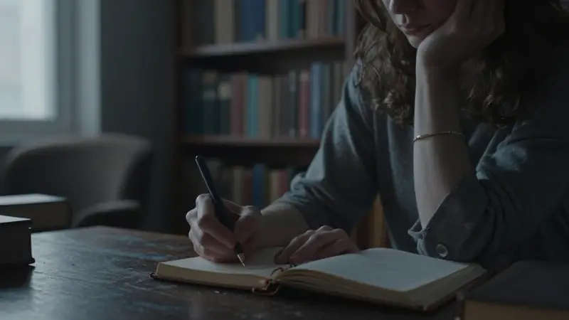 Mujer escribiendo en un diario a altas horas de la noche en un estudio con estanterías llenas de libros. Ambiente melancólico e íntimo con luz tenue.