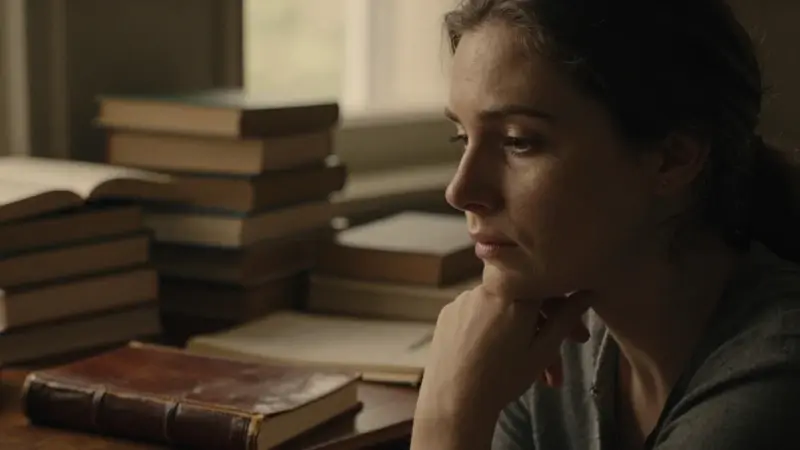 Mujer pensativa en un estudio con libros y un escritorio antiguo, evocando una atmósfera introspectiva y de búsqueda de conocimiento sobre los sueños.