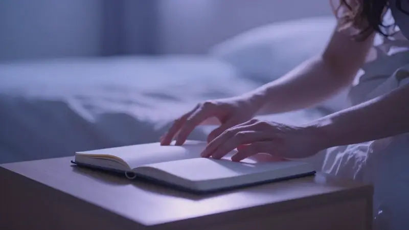 Mujer despertando en un dormitorio con tonos pastel, alcanzando un diario de sueños sobre la mesita de noche.