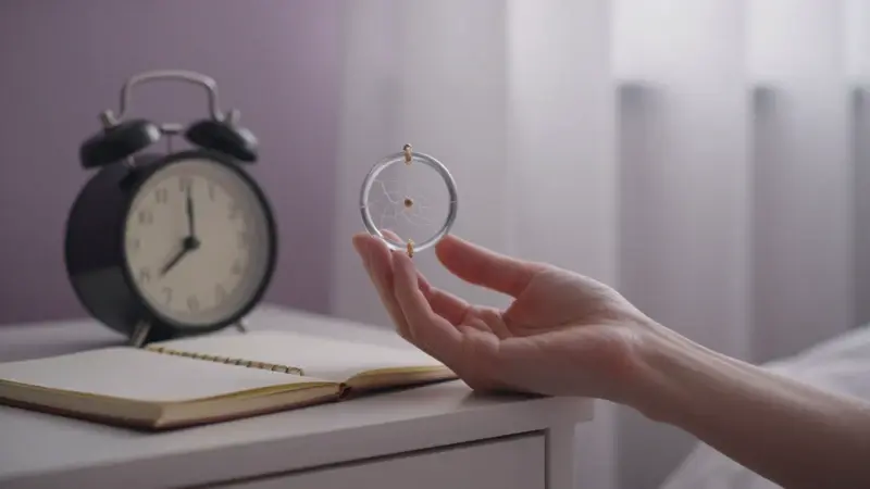 Mano sosteniendo un atrapasueños junto a un reloj vintage y un cuaderno en una mesita de noche, evocando la recuperación y el recuerdo de los sueños.