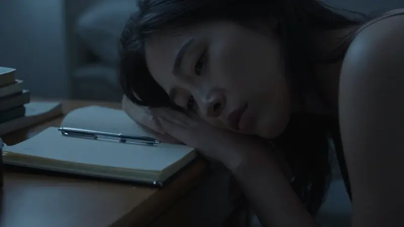 Mujer con rostro parcialmente en sombra, concentrada en un diario y bolígrafo sobre una mesita de noche desordenada en un dormitorio tenuemente iluminado. Ambiente melancólico y etéreo que evoca la dificultad de recordar los sueños.