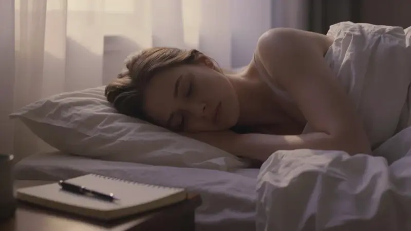 Mujer despertando en un dormitorio bañado por la luz matinal, con un diario y bolígrafo a medio usar en la mesita de noche.