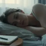Mujer despertando en una habitación iluminada por la luz del amanecer, con un cuaderno y bolígrafo sobre la mesita de noche.