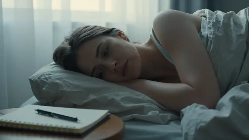 Mujer despertando en una habitación iluminada por la luz del amanecer, con un cuaderno y bolígrafo sobre la mesita de noche.
