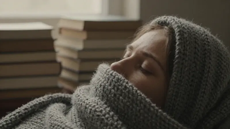 Mujer relajada con los ojos cerrados, cubierta parcialmente por una manta de lana gris, rodeada de libros de psicología en un estudio con luz tenue y ambiente melancólico.