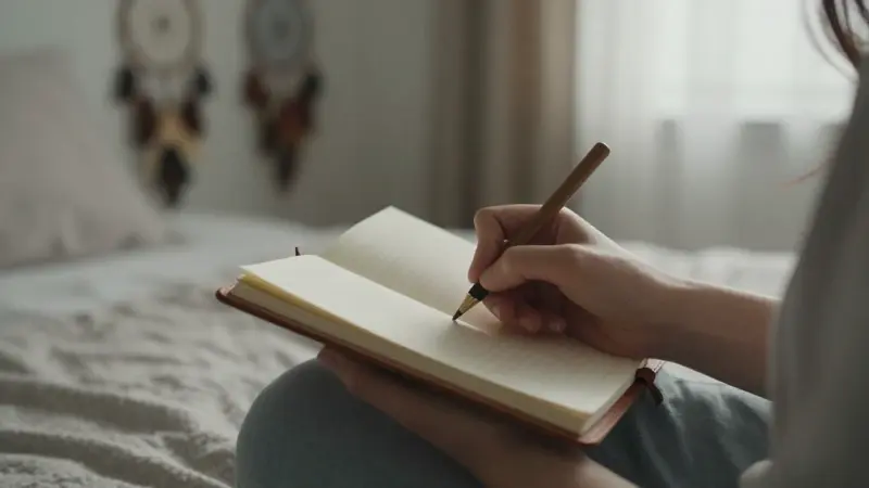 Manos escribiendo en un diario de cuero en un dormitorio tenuemente iluminado, con atrapasueños desenfocados al fondo.