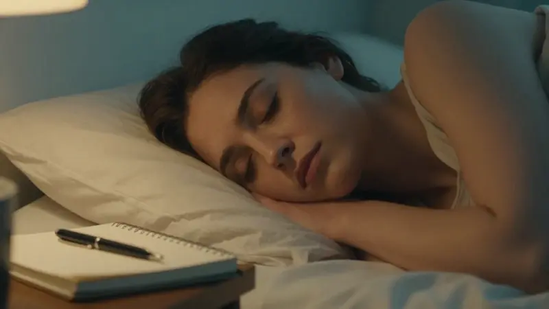 Mujer durmiendo plácidamente en su cama, con un diario de sueños y un bolígrafo sobre la mesita de noche a su lado.