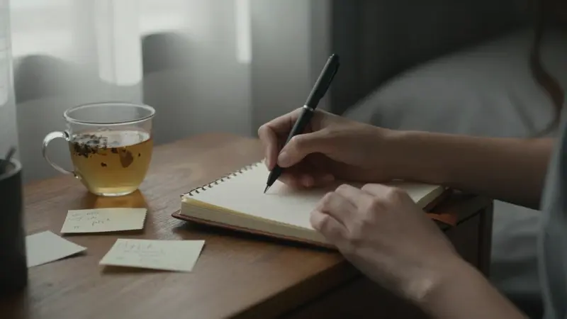 Manos escribiendo en un diario junto a una cama, con notas de sueños y una taza de té, en una atmósfera tranquila y con luz tenue.