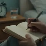 Mano escribiendo en un diario de cuero a la luz tenue en un dormitorio, con un despertador antiguo y un vaso de agua en la mesita de noche.