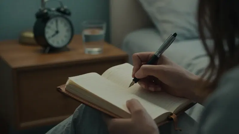Mano escribiendo en un diario de cuero a la luz tenue en un dormitorio, con un despertador antiguo y un vaso de agua en la mesita de noche.