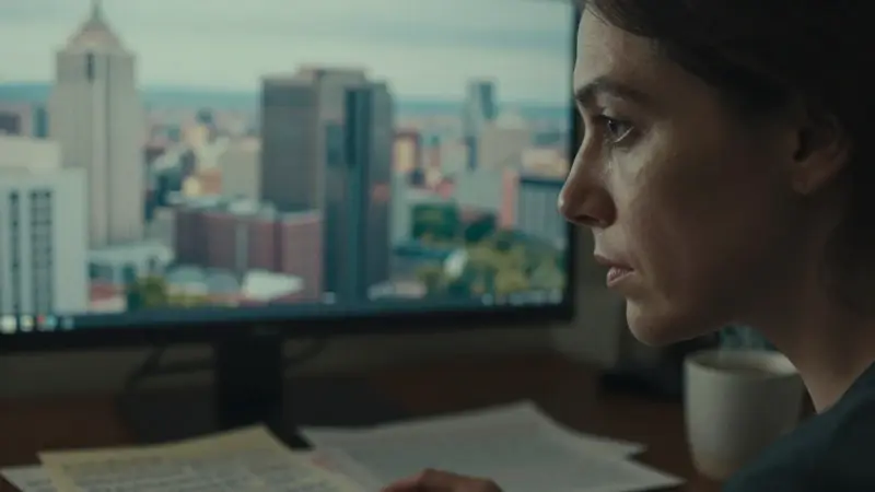 Mujer observando con atención una pantalla dividida que muestra una ciudad borrosa y un paisaje onírico fragmentado, con notas y una taza de café sobre un escritorio de madera en segundo plano.