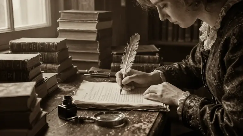 Mujer estudiando un documento antiguo en una biblioteca polvorienta y tenuemente iluminada, rodeada de libros apilados.