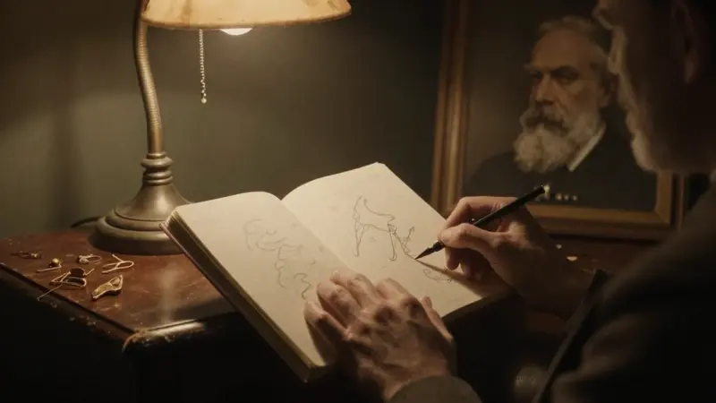 Un estudio íntimo con un sillón de cuero desgastado y un cuaderno abierto lleno de bocetos de símbolos oníricos, iluminado por una lámpara de escritorio antigua. En el fondo, se vislumbra un retrato de Sigmund Freud.