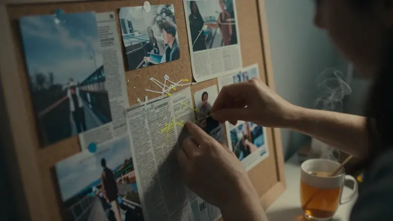 Manos conectando patrones en un tablero de corcho lleno de fotos y recortes de periódico, en un ambiente de oficina en casa tenuemente iluminado y de noche.