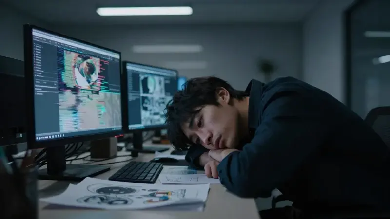 Analista de datos exhausto frente a un monitor con imágenes oníricas distorsionadas, en una oficina oscura y minimalista, reflejando la complejidad de interpretar sueños premonitorios y sus posibles errores.