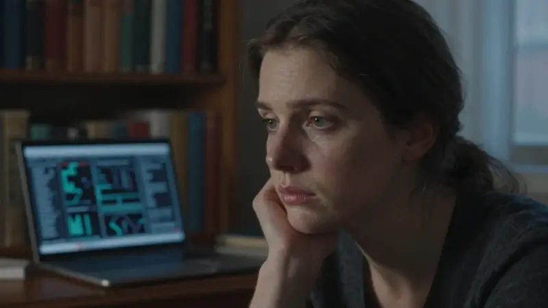 Mujer pensativa en un estudio con estanterías llenas de libros, iluminada por luz tenue y con una laptop borrosa de fondo, evocando un ambiente de reflexión sobre sueños y su posible significado.