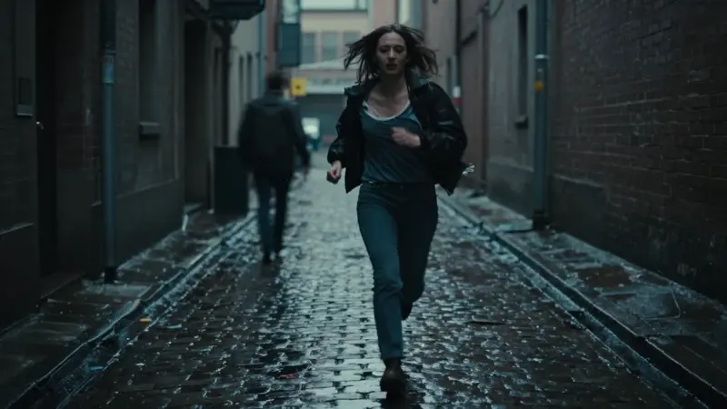 Mujer angustiada huyendo por un callejón laberíntico y oscuro, con reflejos distorsionados y ropa rasgada, perseguida por una figura indistinta.