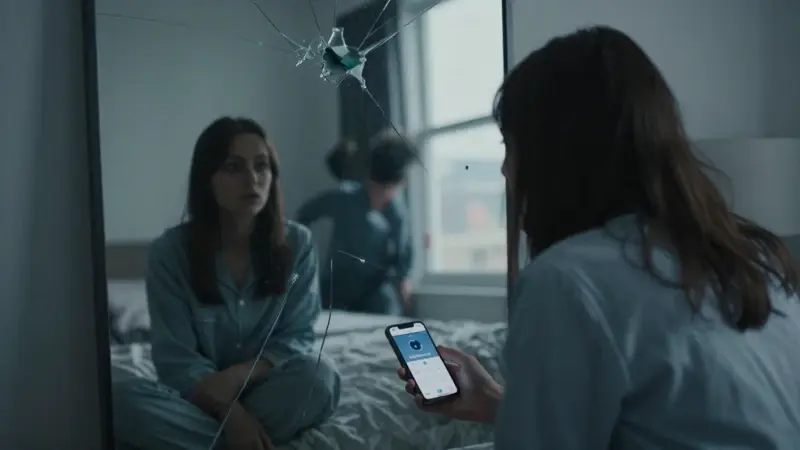 Mujer en pijama en un dormitorio tenue, con un espejo roto que refleja figuras huyendo y un smartphone mostrando una app de seguimiento del sueño.