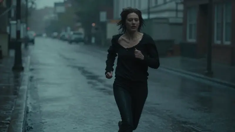 Silueta femenina corriendo por una calle urbana borrosa y mojada, con ropa rasgada que sugiere desnudez parcial, transmitiendo una sensación de angustia y vulnerabilidad.