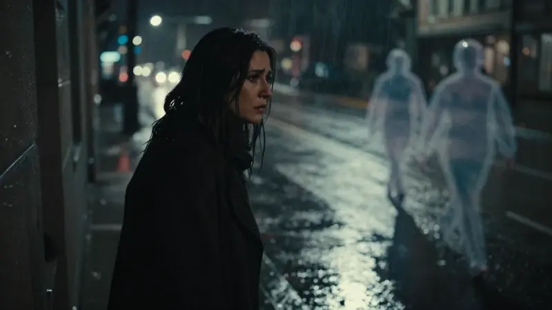Mujer preocupada silueteada contra una calle urbana nocturna y lluviosa, con una figura fantasmal que parece perseguirla a lo lejos.