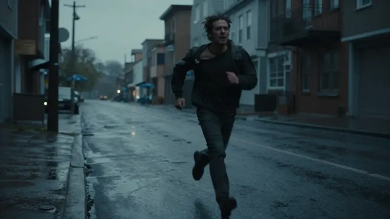 Figura solitaria corriendo por una calle desierta y lluviosa, con edificios silueteados al fondo y una expresión de intenso miedo.