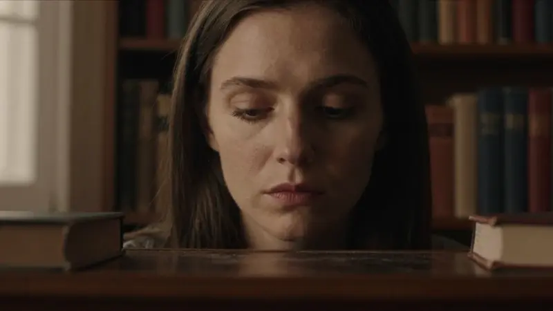 Primer plano de una mujer pensativa, con rostro parcialmente en sombra, en una biblioteca con libros de psicología. Ambiente melancólico y cálido con luz tenue.