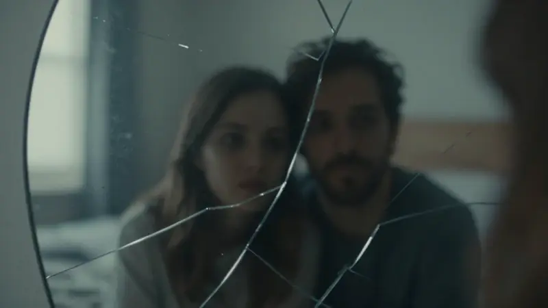 Reflejo fragmentado de una pareja en un espejo roto, evocando una atmósfera melancólica en un dormitorio tenuemente iluminado.