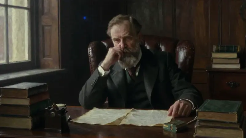 Sigmund Freud, pensativo, en su estudio victoriano, rodeado de libros y con un manuscrito a medio escribir.