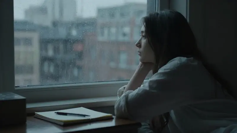 Mujer pensativa mirando por una ventana con lluvia en un dormitorio tenue, con un diario y bolígrafo sobre la mesita de noche.