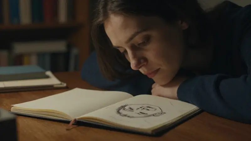 Mujer pensativa en un estudio tenuemente iluminado, con un diario de sueños abierto y un boceto de rostro, evocando una atmósfera introspectiva y melancólica.