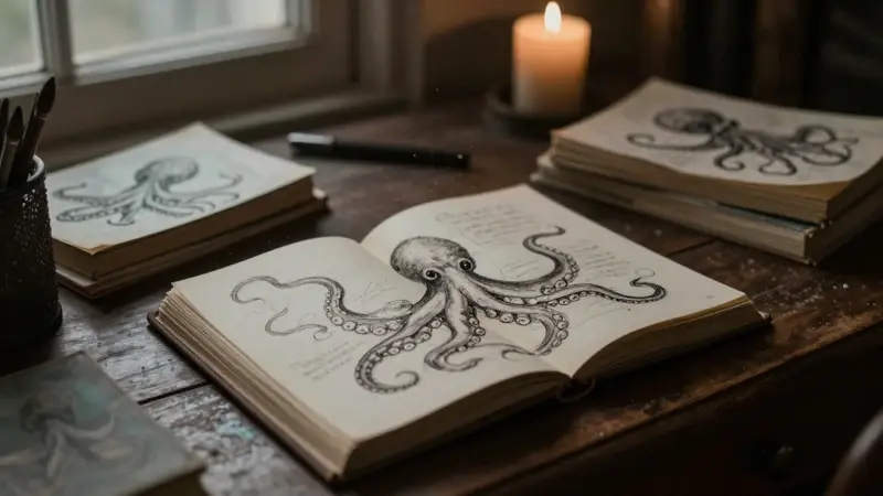 Escritorio antiguo con un diario abierto mostrando bocetos de tentáculos de pulpo, rodeado de libros de análisis de sueños y una vela encendida.