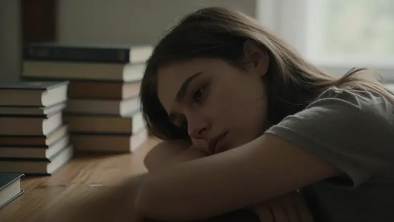 Joven mujer pensativa en un estudio lleno de libros sobre análisis de sueños, con luz tenue y ambiente introspectivo.