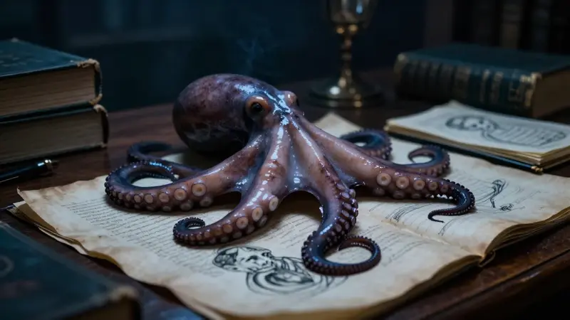 Tentáculos de pulpo realistas entrelazados con dibujos anatómicos antiguos sobre un escritorio de caoba, en una atmósfera melancólica y con iluminación dramática.
