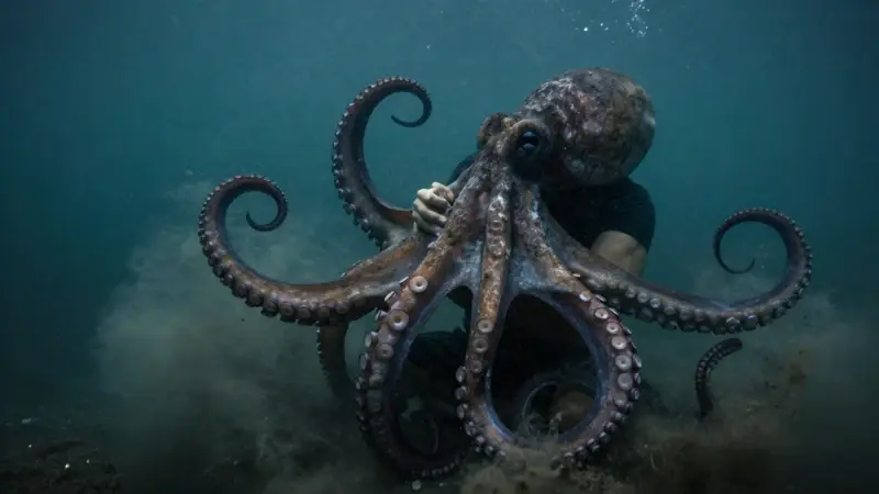 Una persona lucha contra un pulpo gigante en las profundidades oscuras y turbias del océano.