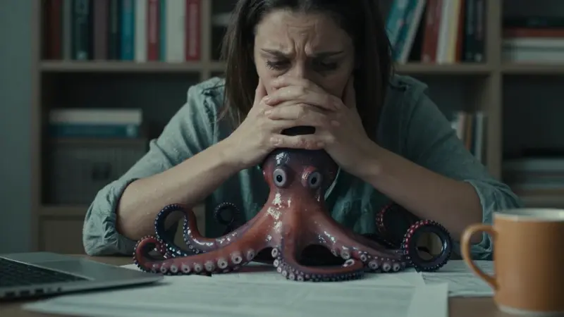 Manos de mujer frustrada enredadas en tentáculos de pulpo de goma de colores, con libros y papeles de investigación desordenados en un escritorio doméstico.